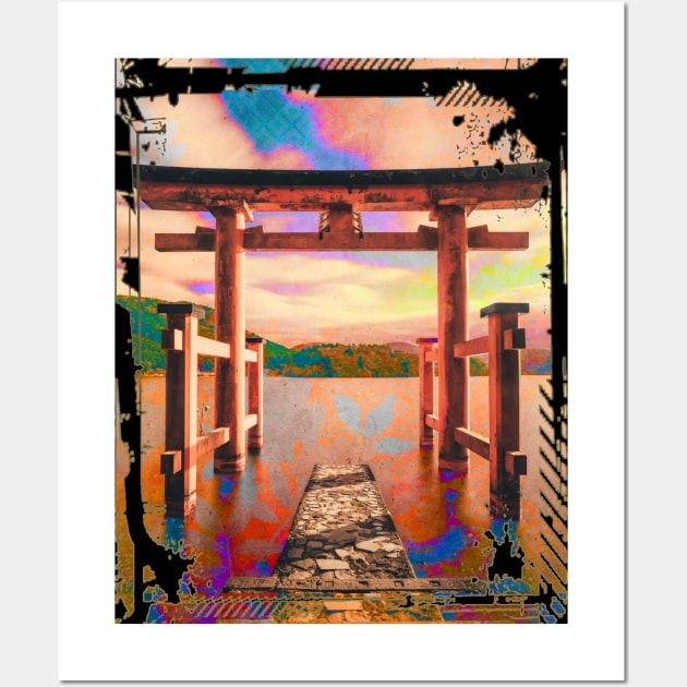 Japan Torii Gate In Water Sunset Collage Art 62 Wall Art by dvongart